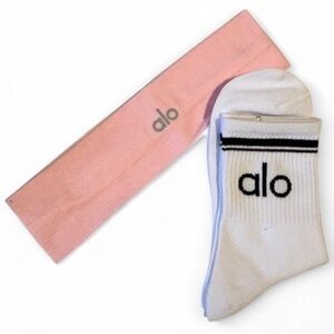 Alo yoga light pink Headband and White Logo Socks Set